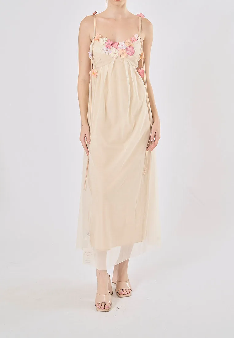 Somerset Nude Pink Floral-Appliqué Strap  Midi Dress