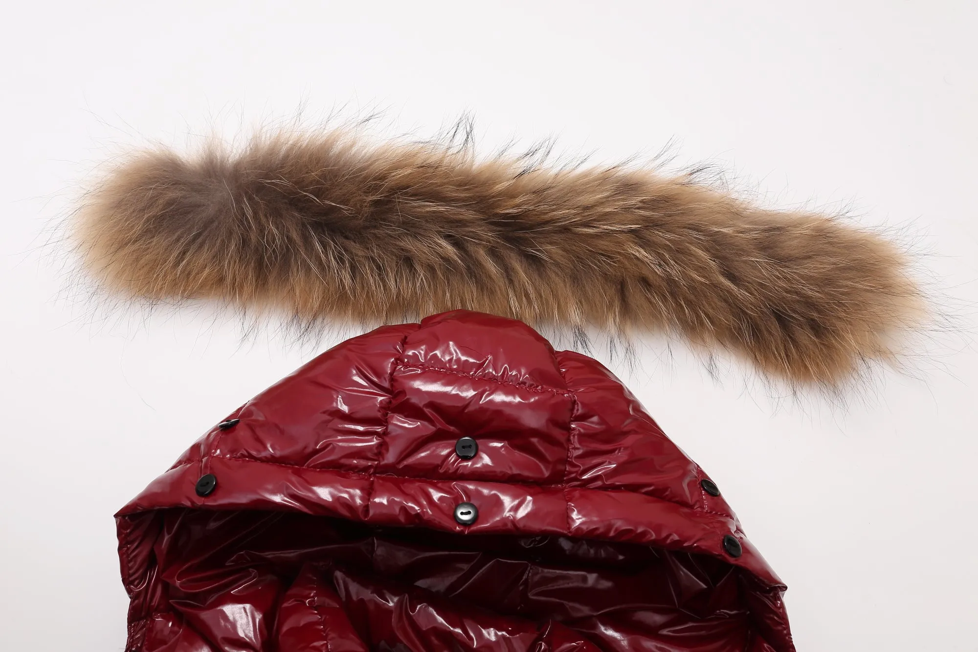 Striped Band Raccoon Fur Hood -Red