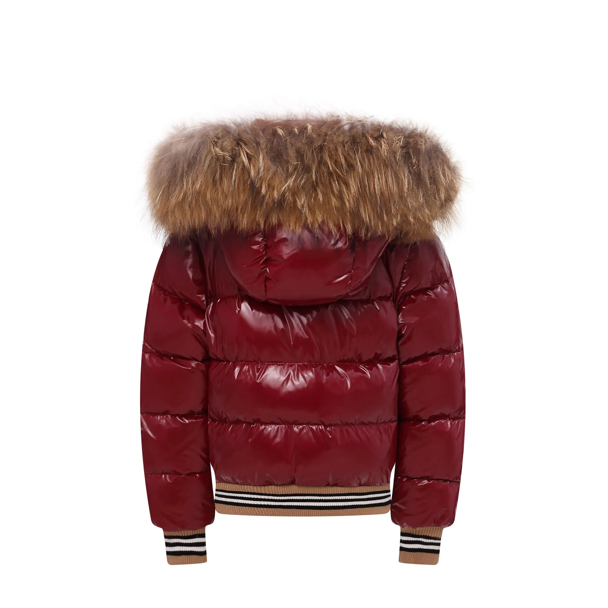 Striped Band Raccoon Fur Hood -Red