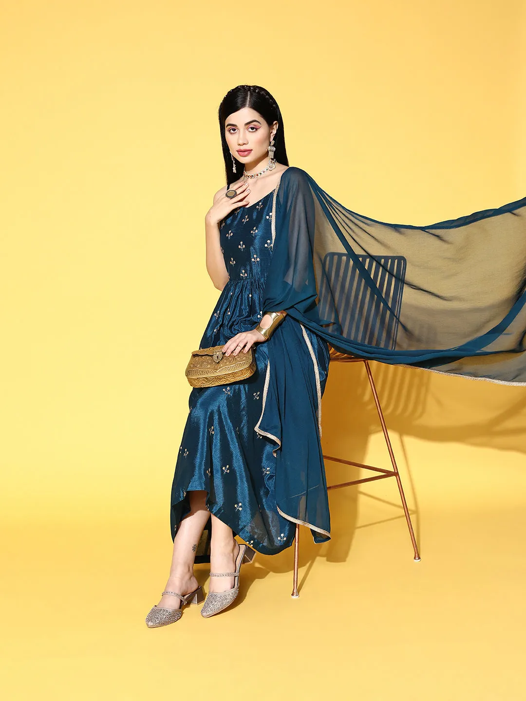 Sunehri Women's Silk Blend Teal Embellished Anarkali Dress With Dupatta