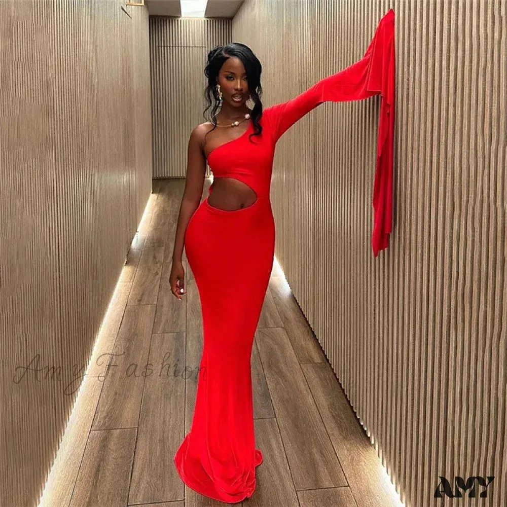 Trendy Incline Shoulder Hollow Maxi Dress for Christmas Party