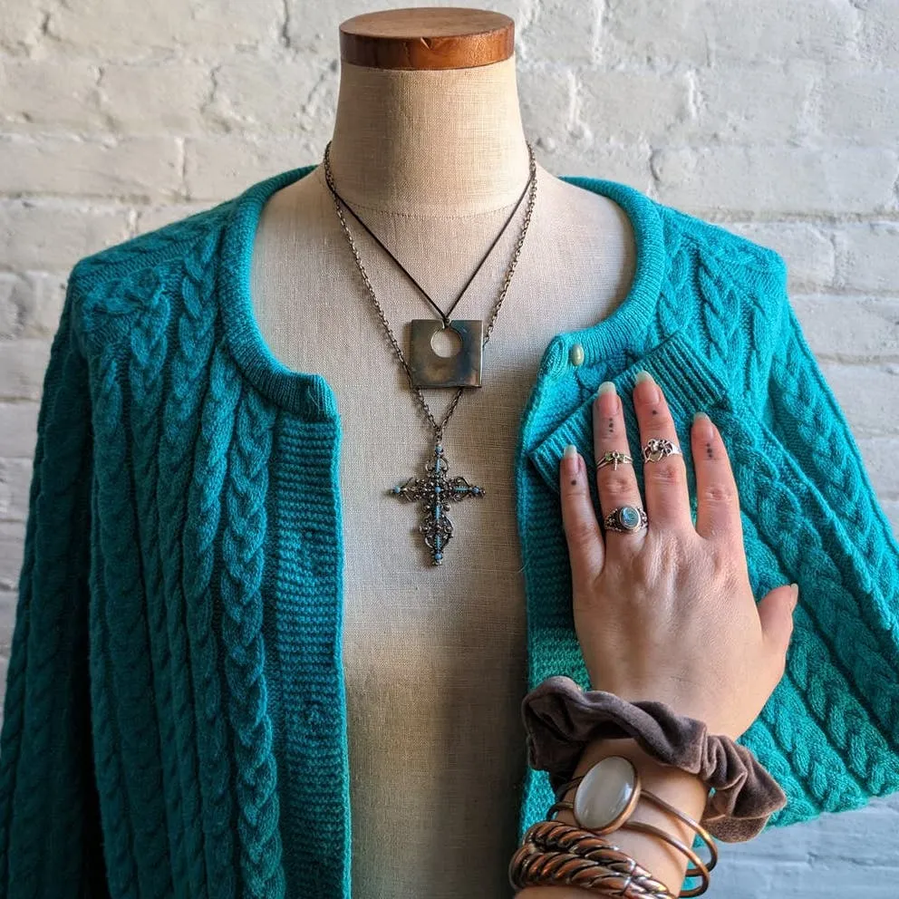 Vintage Teal Chunky Cable Knit Cardigan Minimalist Grannycore Grandpa Sweater
