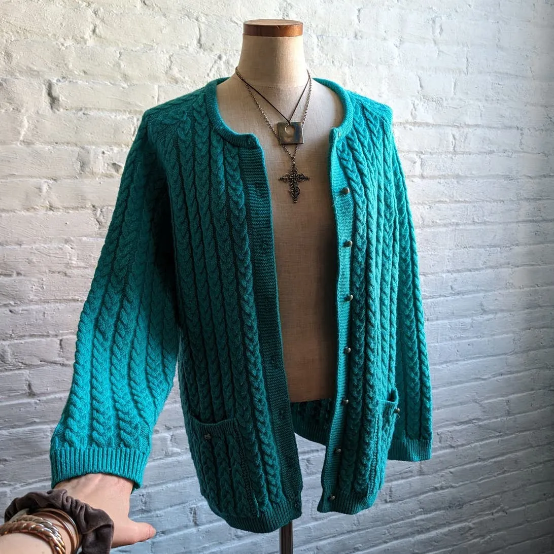 Vintage Teal Chunky Cable Knit Cardigan Minimalist Grannycore Grandpa Sweater