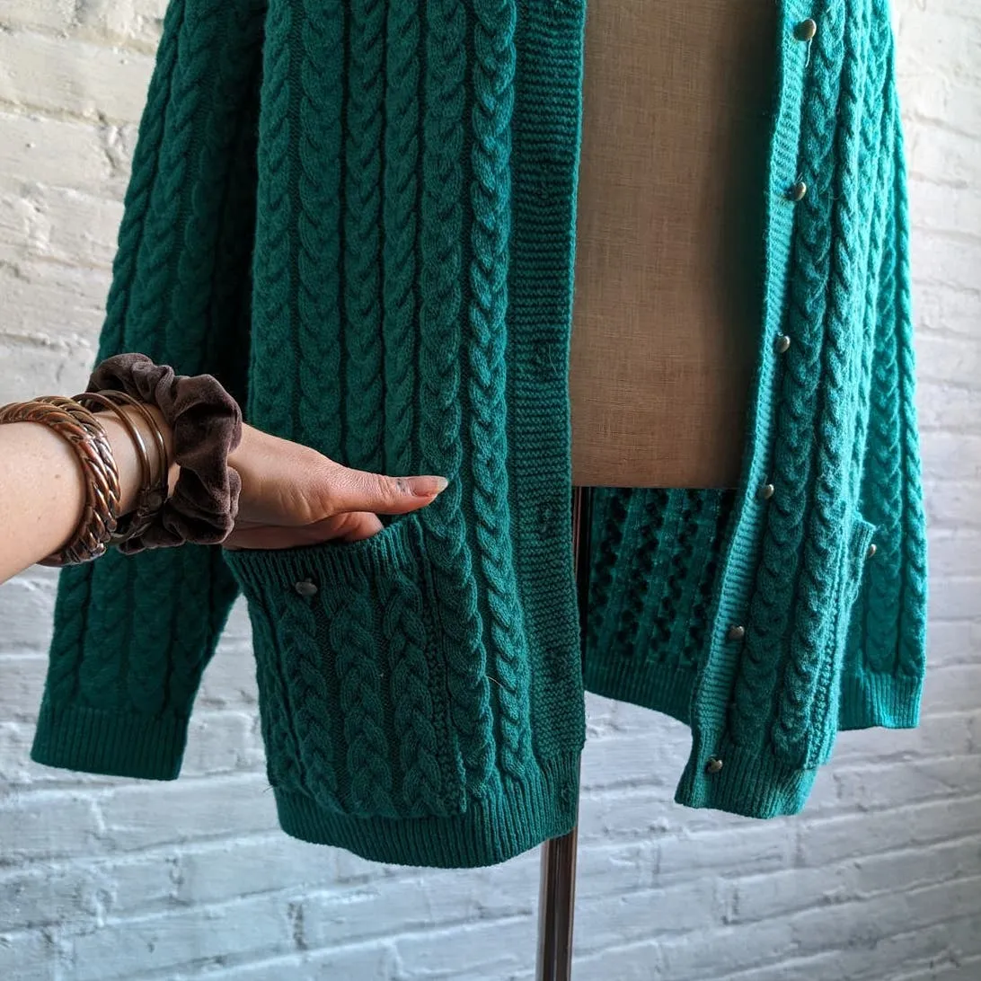 Vintage Teal Chunky Cable Knit Cardigan Minimalist Grannycore Grandpa Sweater