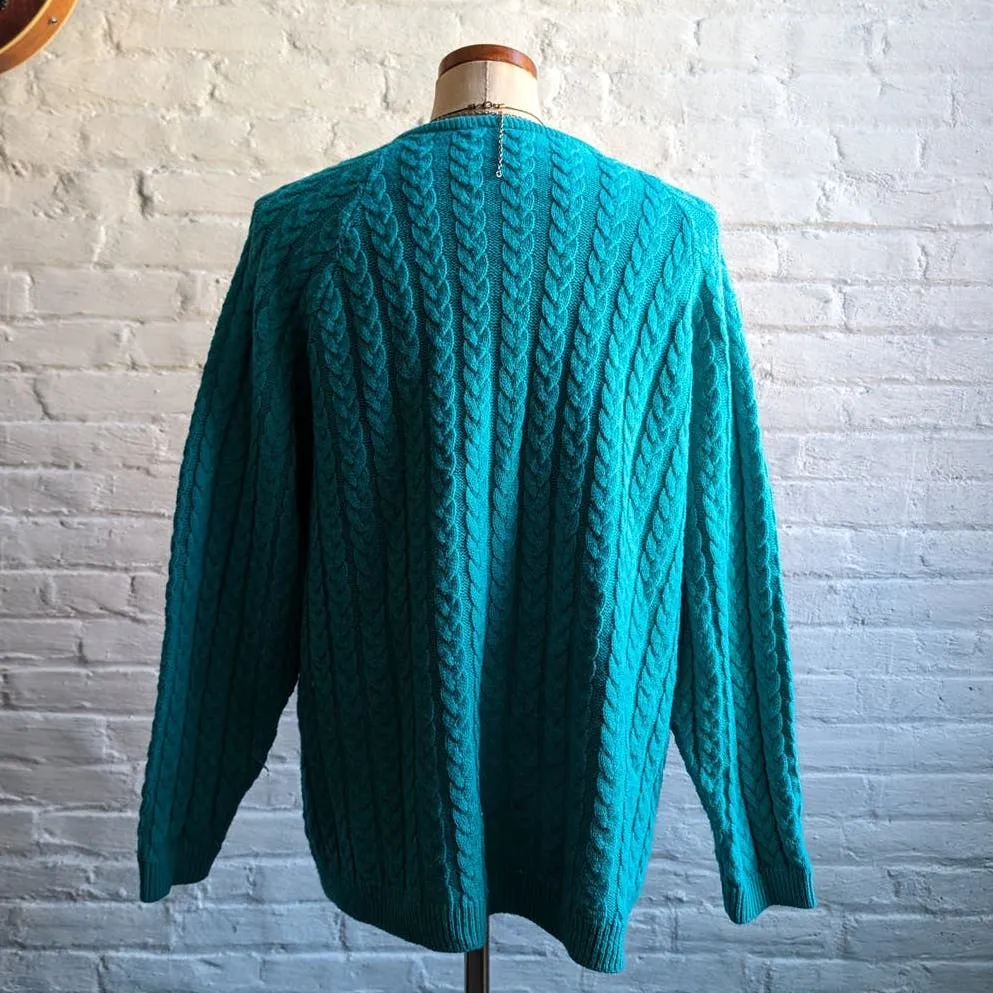 Vintage Teal Chunky Cable Knit Cardigan Minimalist Grannycore Grandpa Sweater
