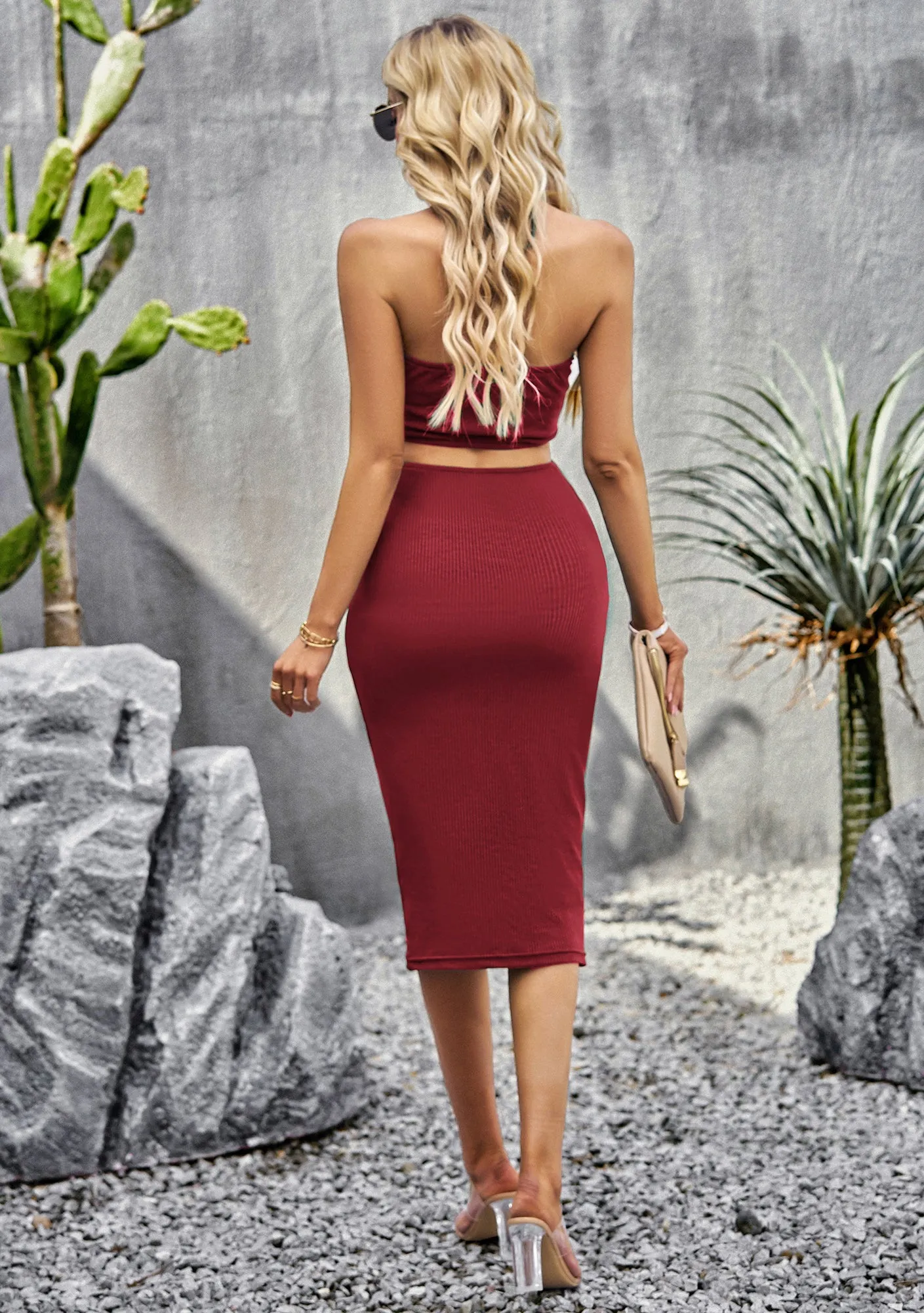 Women's Halter Dress Cut Out Summer Midi Dresses Bodycon Ribbed Knit Trendy Beach Vacation Dress