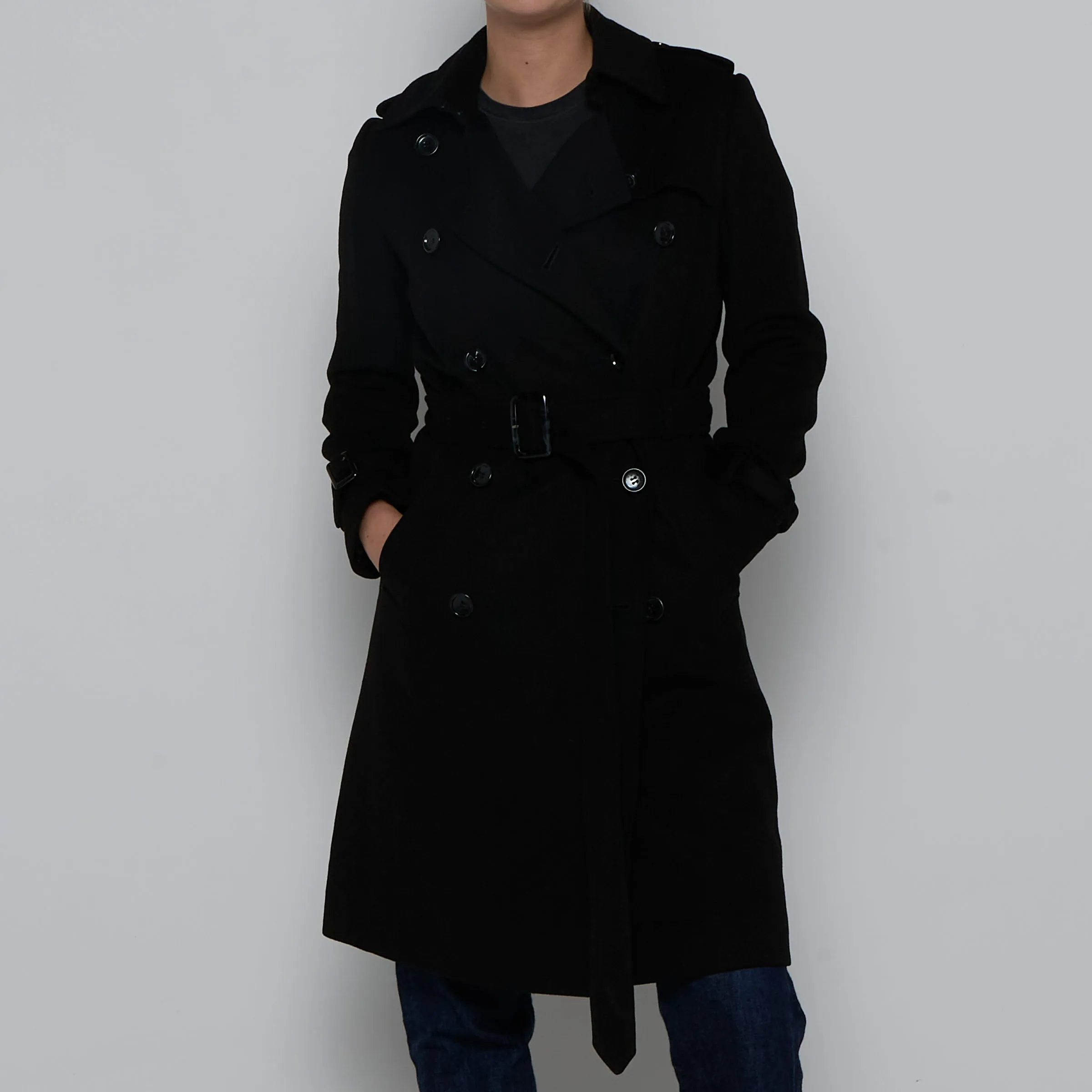 Wool Mix Double Breasted Belted Trench Coat - S